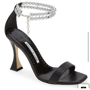 Manolo Blahnik Charona Black Leather Pearl Ankle Strap High Heel Sandals 40.5